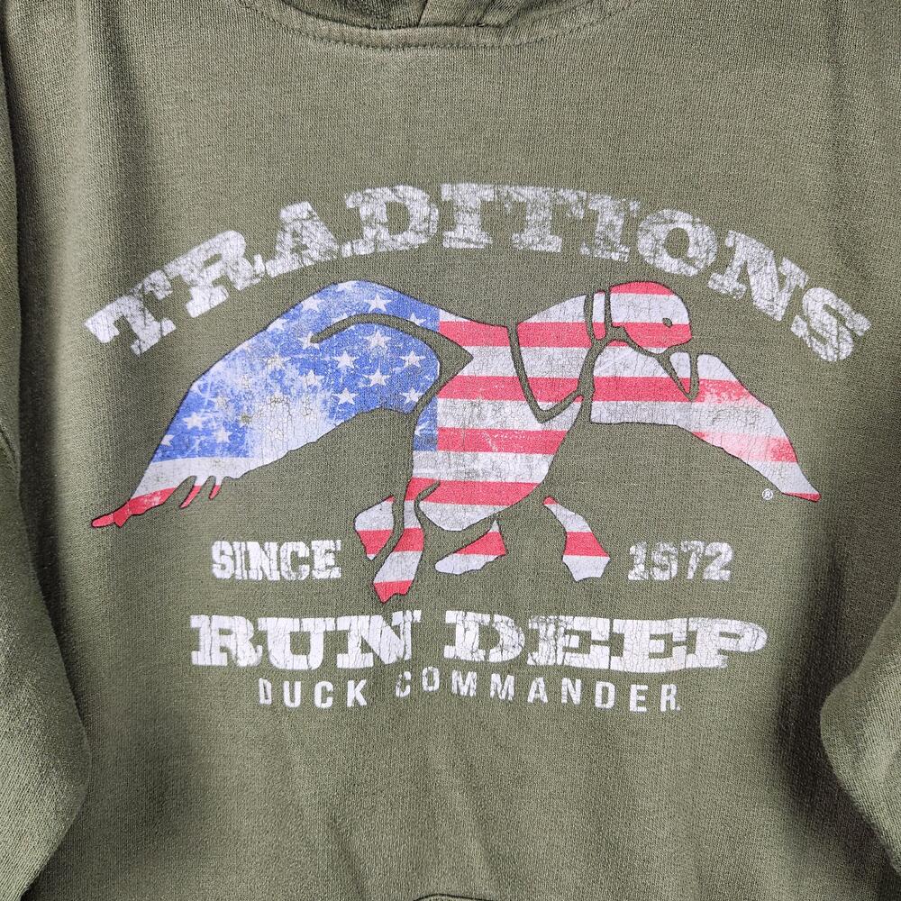 Duck Commander Hoodie Mens XL Green Traditions Run Deep USA Flag Graphic Logo